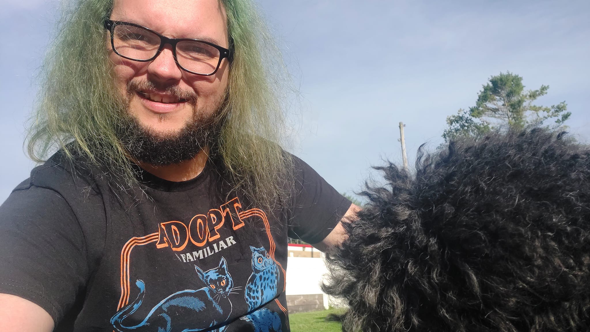 A man with green hair and a beard is outside with a black standard poodle out of frame, Photo 3